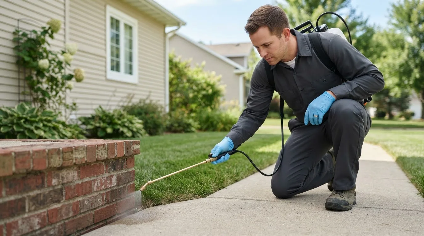 Pest control technician treating a home near Owensville, MO