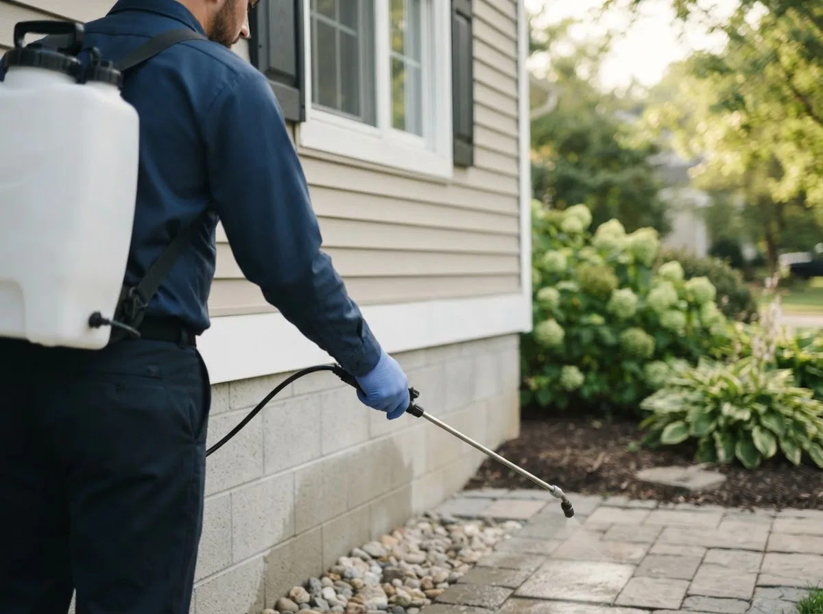 Pest control technician inspecting a home in Owensville, MO
